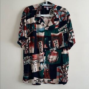 Urban Outfitters Retro Graphic Button Down Shirt - Red, Green, Blue